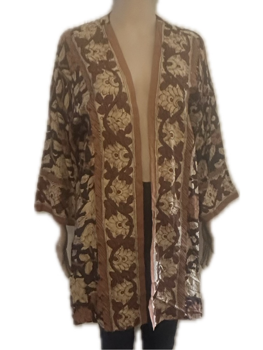 Soft Surroundings Brown and Cream Floral Open Kimono Cardigan